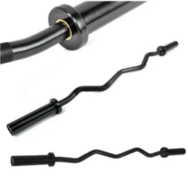 Black curl barbell with knurled grip and angled design.