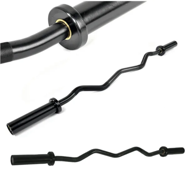 Black curl barbell with knurled grip and angled design.