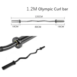 1.2M Olympic curl bar with dimensions and close-up of grip and sleeve.
