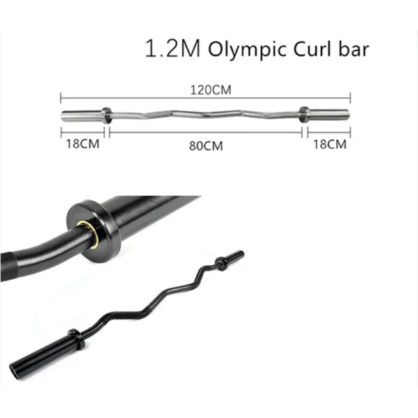 1.2M Olympic curl bar with dimensions and close-up of grip and sleeve.