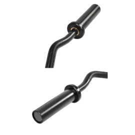 Close-up of a black barbell sleeve and curved shaft.