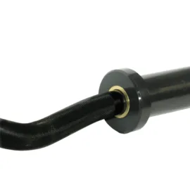 Close-up of a black barbell with a textured grip and metal collar.