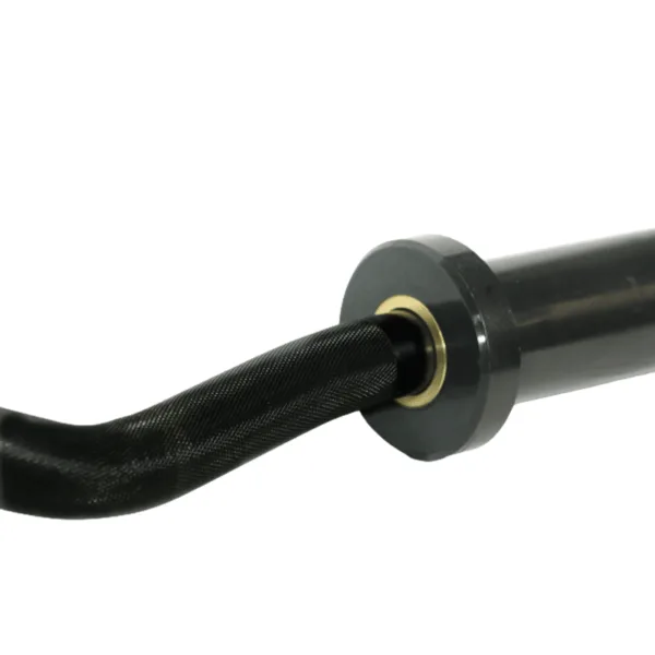 Close-up of a black barbell with a textured grip and metal collar.
