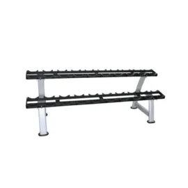 Two-tier dumbbell rack with black shelves and silver frame.