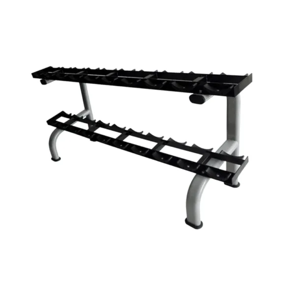 Two-tier dumbbell rack with black holders and silver frame.
