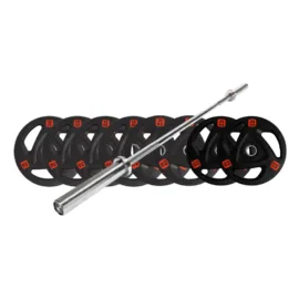 Olympic weights set with 130kg tri-grip plates and 20kg barbell for lifting.