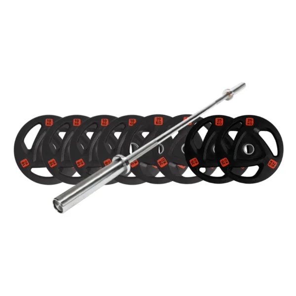 Olympic weights set with 130kg tri-grip plates and 20kg barbell for lifting.