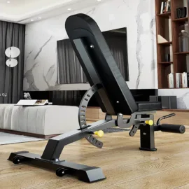 Adjustable weight bench in a modern living room setting.