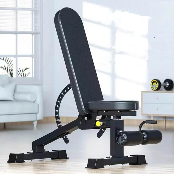 Adjustable weight bench in a bright home gym setting.