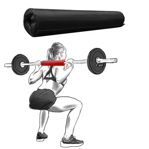 Woman squatting with barbell pad, barbell pad shown separately above.
