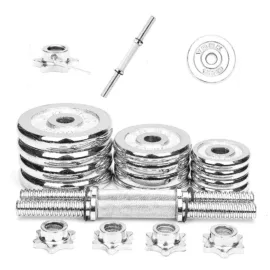 Silver weight plates and dumbbell bars with star-shaped collars.