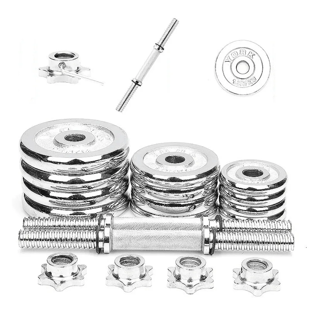 Silver weight plates and dumbbell bars with star-shaped collars.