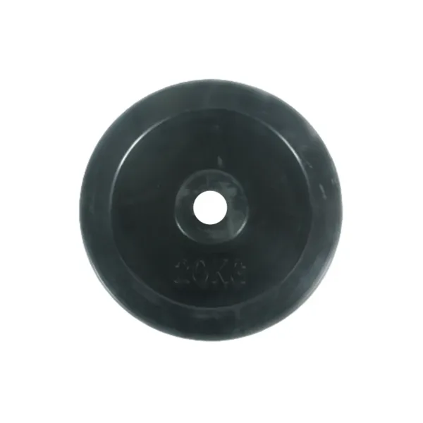 Black 20kg weight plate with central hole.