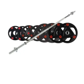 Barbell with multiple black weight plates on a white background.