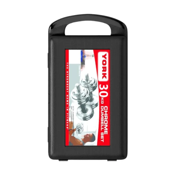 Black case with York 30kg chrome dumbbell set label.