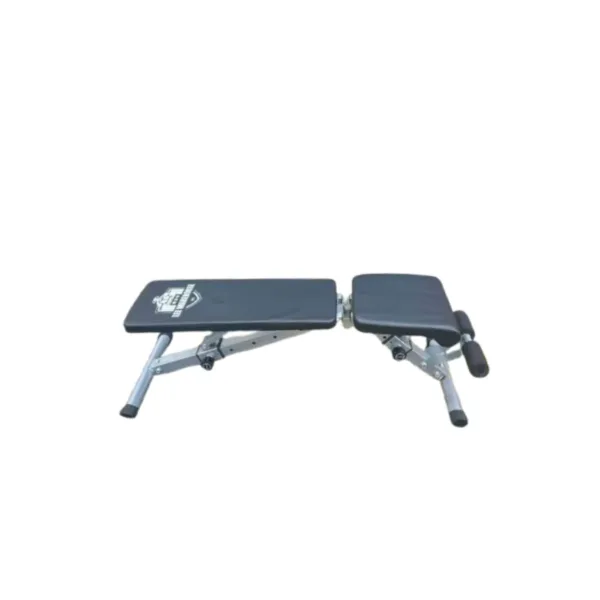Adjustable weight bench with black padding and silver frame.