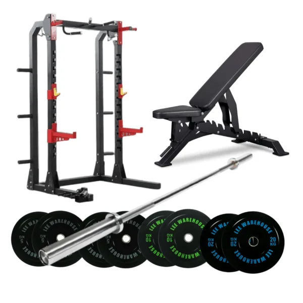 886&凳子&全胶 Power rack home gym set with adjustable bench and bumper plates.