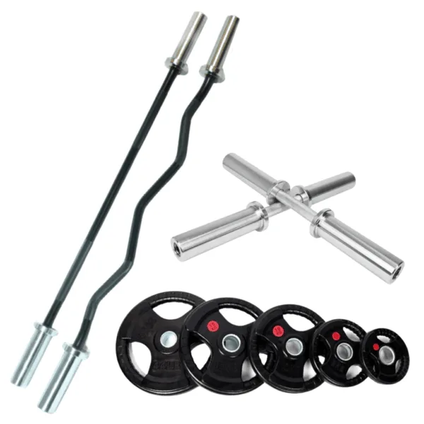 90kg Weights Set, complete with Olympic Barbells and Dumbbells.