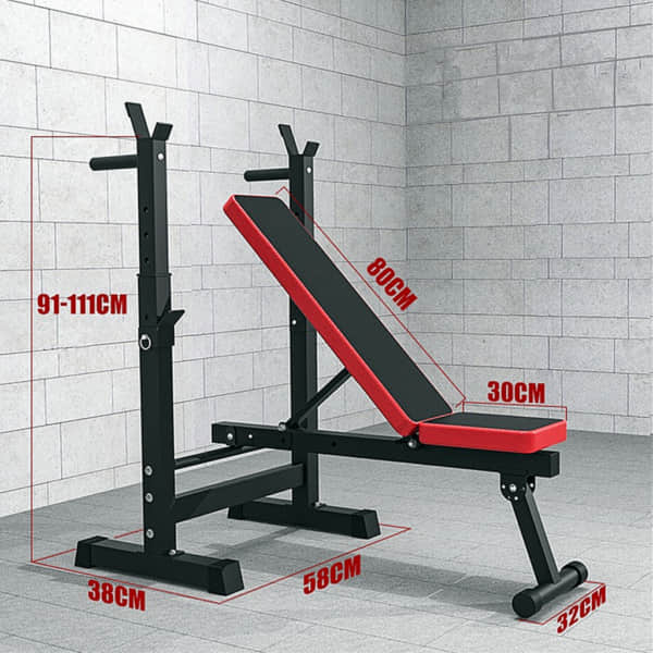 Close-up of Adjustable Bench Press with specific part details and size dimensions.