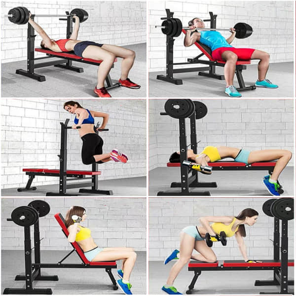 Adjustable Bench Press with Rack: Showcasing key details, part specifics, and size dimensions.