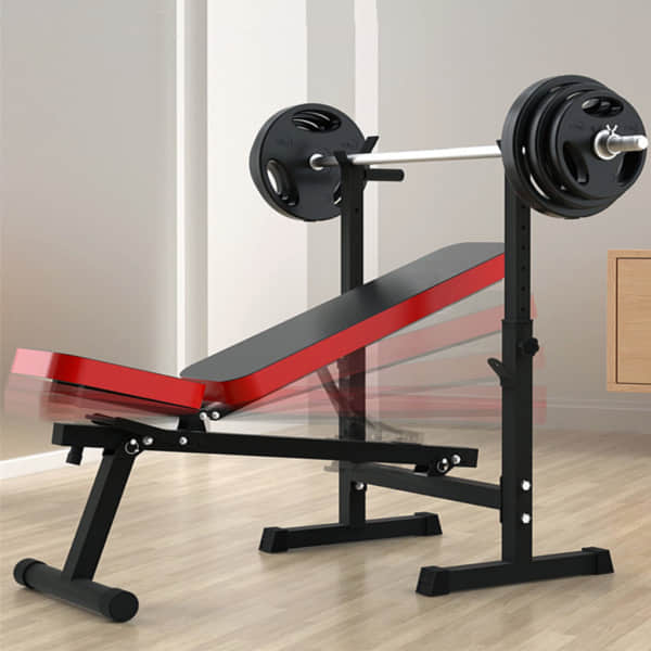 Overall View of Adjustable Bench Press with Rack Highlighting size, dimensions, and key part details.