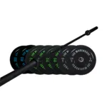 Barbell with multiple weight plates on a white background.