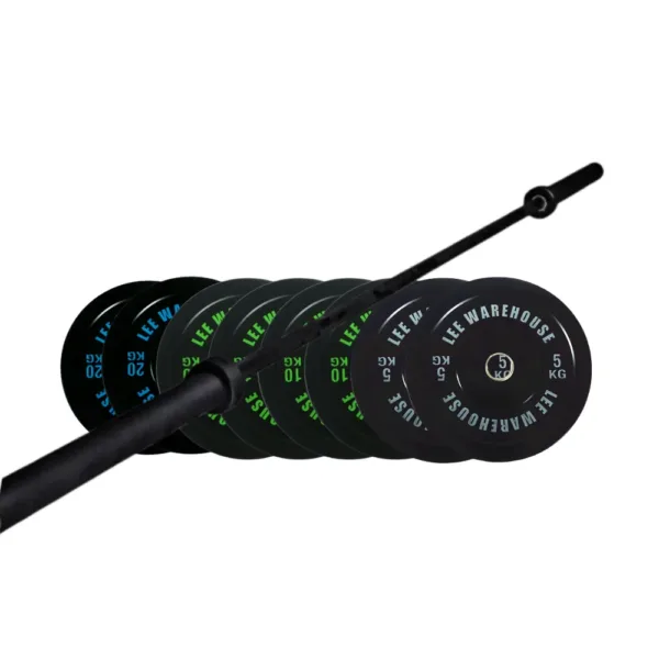 Barbell with multiple weight plates on a white background.