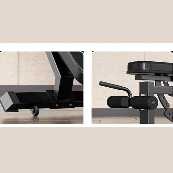 Close-up of gym equipment with wheels and adjustable seat.