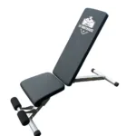 Black adjustable workout bench with padded seat and backrest featuring Lee Warehouse logo.