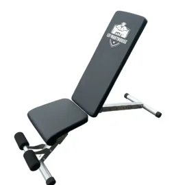 Black adjustable workout bench with padded seat and backrest featuring Lee Warehouse logo.