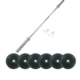 Olympic barbell set with black weight plates and spring collars for lifting.