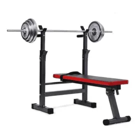 Display of a flat bench with an attached rack.