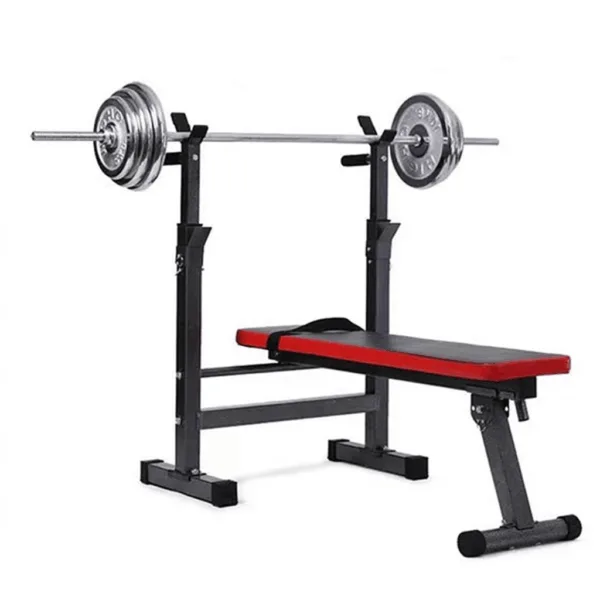 Display of a flat bench with an attached rack.