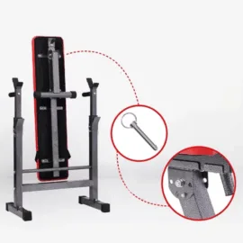 Detail view of a flat bench with a rack.