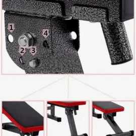 Part detail of a flat bench with an attached rack.