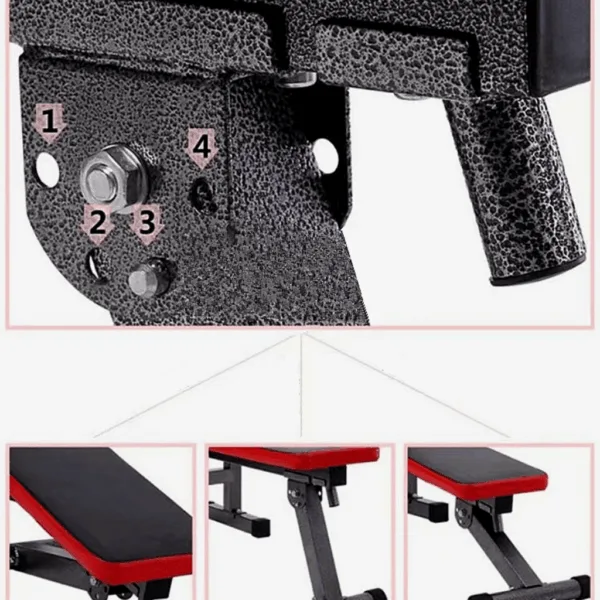 Part detail of a flat bench with an attached rack.