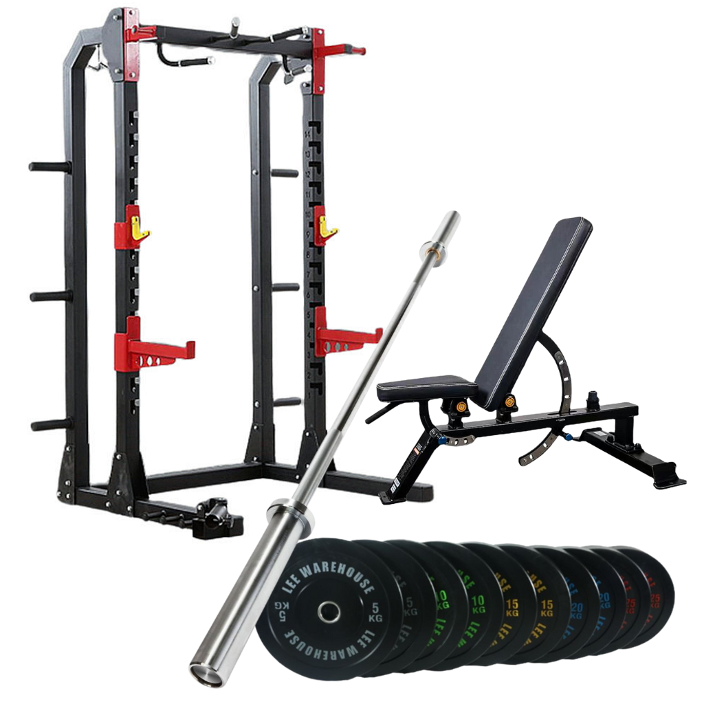 Power Cage Combo 100kg Weights with Bench and Barbell