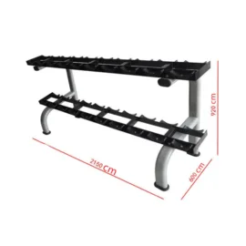 Two-tier dumbbell rack with black holders and silver frame.
