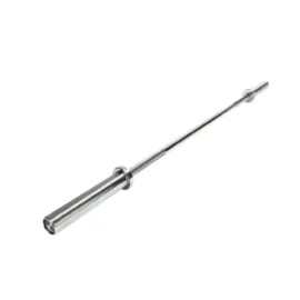 Olympic barbell with chrome finish designed for strength and power training.
