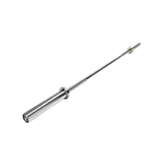 Olympic barbell with chrome finish designed for strength and power training.