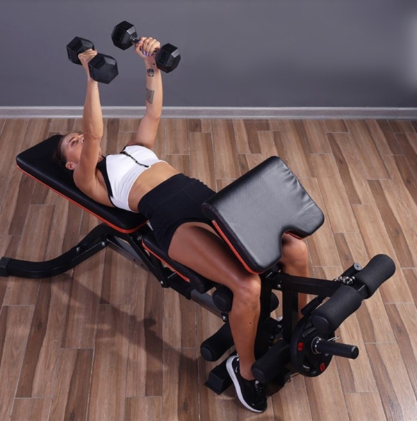 A woman on Weight Bench with Preacher Curl and Leg Extension 550x550 resolution