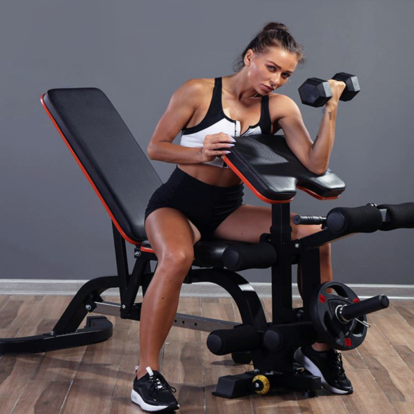 A woman on Weight Bench with Preacher Curl and Leg Extension 600x600 resolution