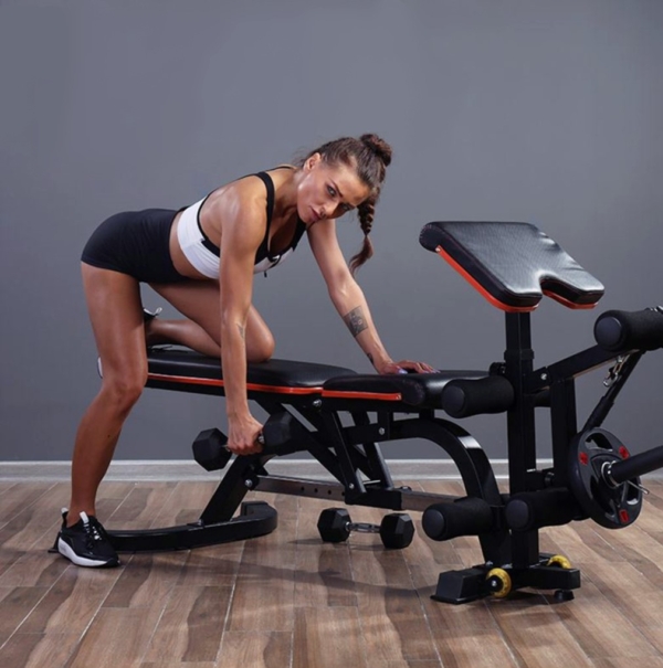 A woman on Weight Bench with Preacher Curl and Leg Extension 350x350 resolution
