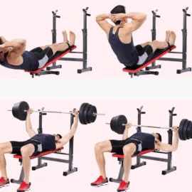 Displaying the functional features of a flat bench with a rack.