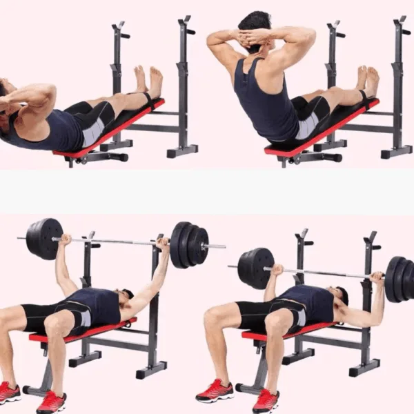 Displaying the functional features of a flat bench with a rack.