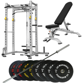 power cage with bench and barbell set