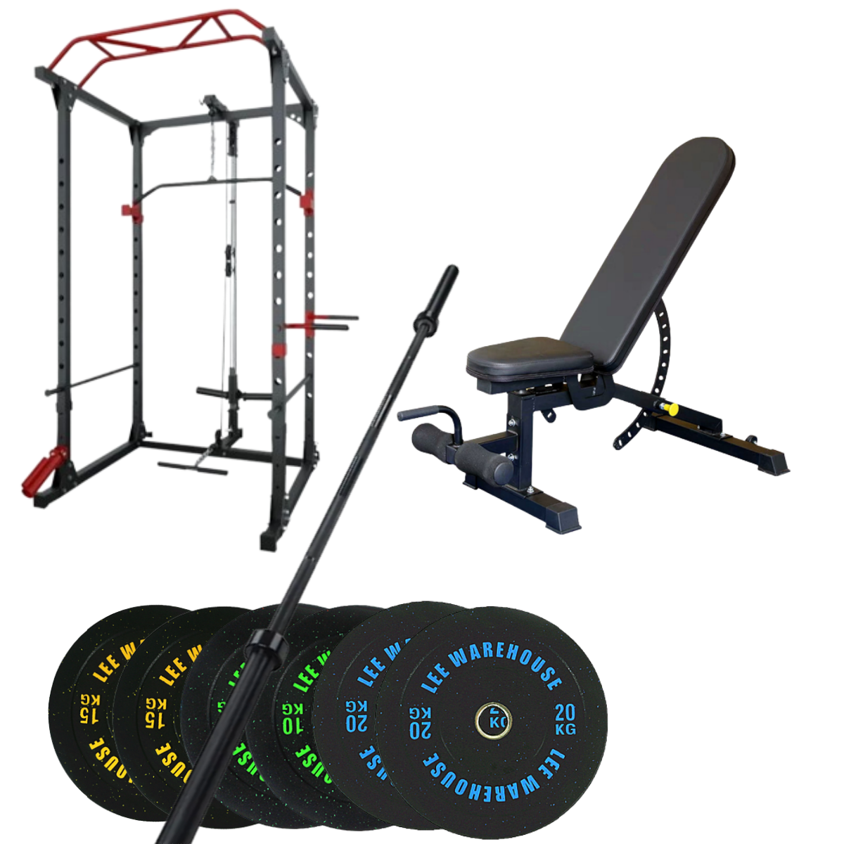Power Cage Rack Solid Frame With Lat Pull Down with Weights Set and Adjustable Bench