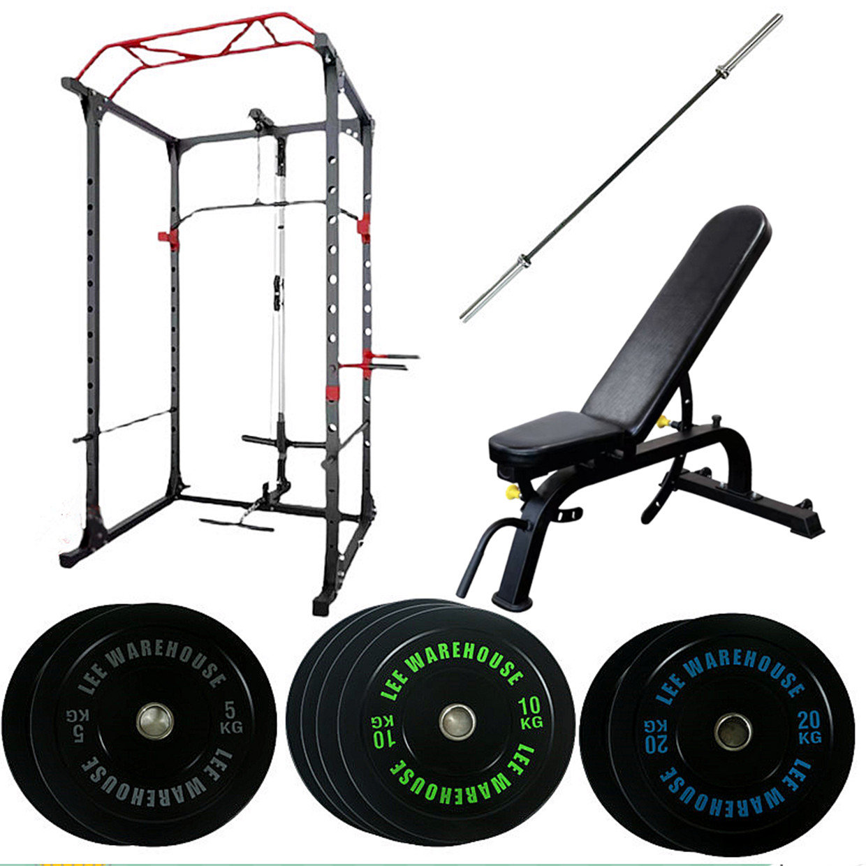 Power Cage Rack Solid Frame With Lat Pull Down+ Weights Set +Adjustable Bench
