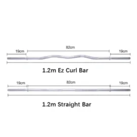 Dimensions of a 1.2m EZ Curl Bar and a 1.2m Straight Bar.
