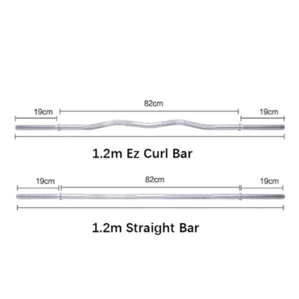Dimensions of a 1.2m EZ Curl Bar and a 1.2m Straight Bar.